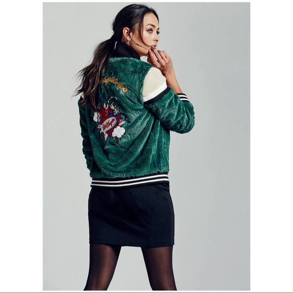 Celebrity Guess Designer Bomber Vintage Sherpa Jacket Green Hailey Beiber - Picture 8 of 8